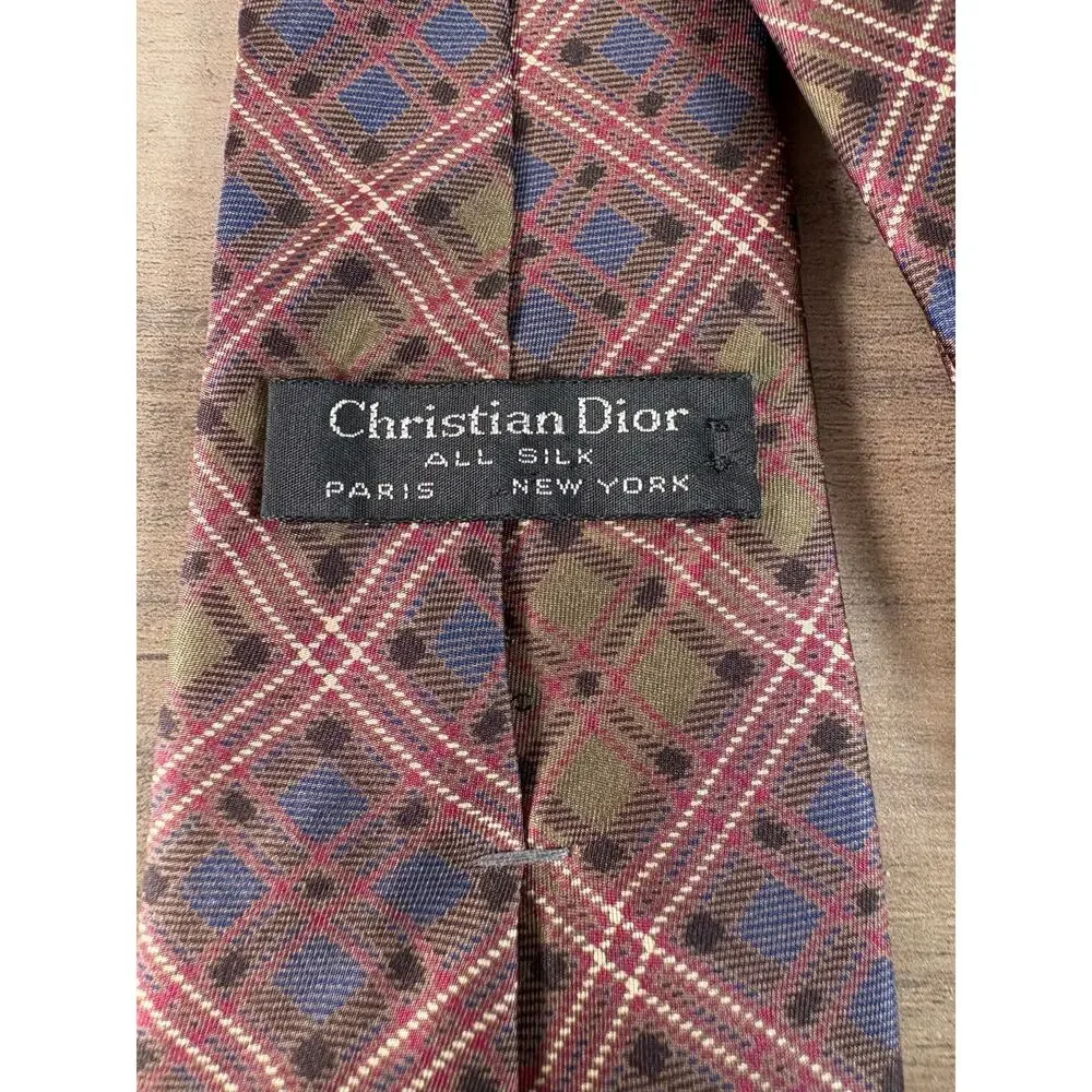 Christian Dior Men's Brown Red Green Silk‎ Necktie Tie EUC